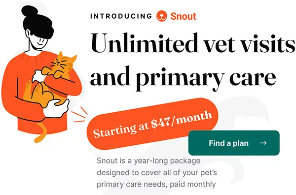 Introducing Snout! Unlimited vet visits and primary care starting at $47 a month. Click here to find a plan